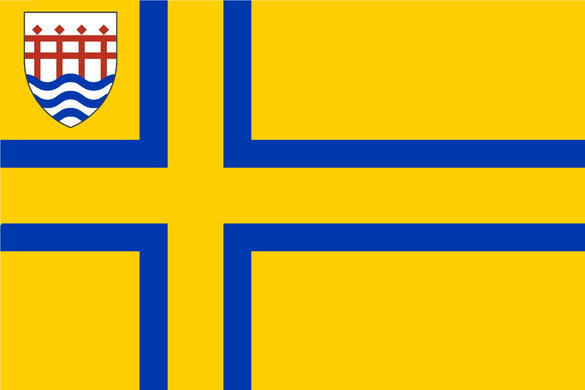 Die Idee von Peder Kristiansen, der die Flagge entworfen hat: Jede Region bzw. Organisation kann die Flagge für sich anpassen. Hier ist das Wappen der Kommune Hadersleben zu sehen.