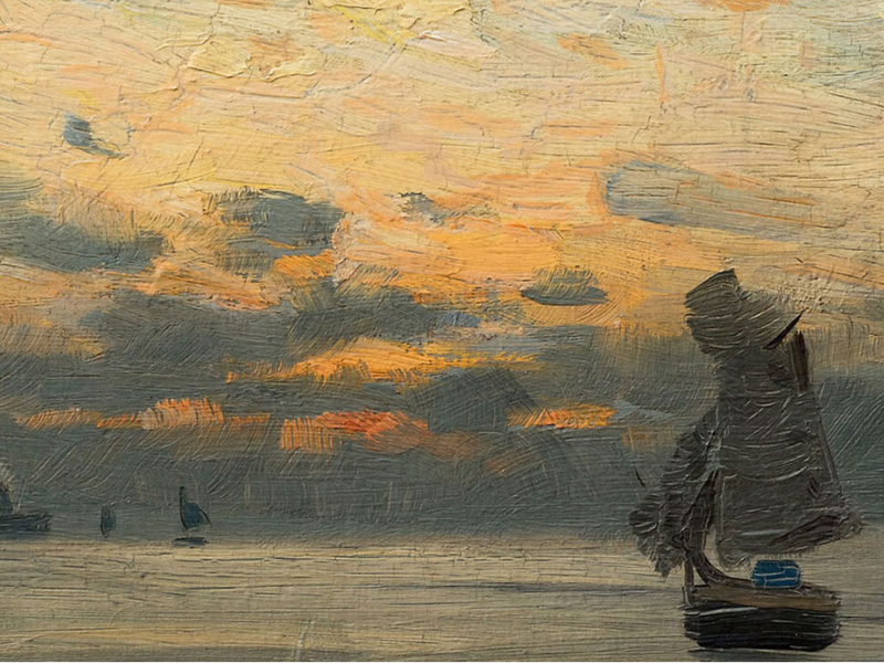 Gemälde von Eugen Dücker: "Fischerboote auf ruhiger See in der Morgenröte"
