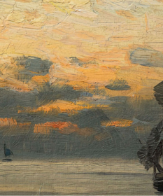 Gemälde von Eugen Dücker: &quot;Fischerboote auf ruhiger See in der Morgenröte&quot;