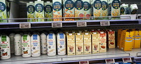 Pflanzliche Alternativen zur Milch stehen in einem Supermarktregal.
